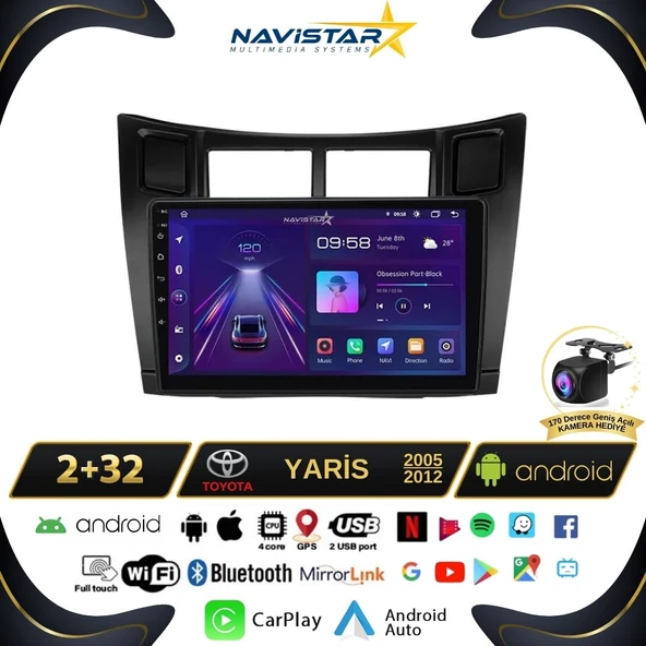 Toyota Yaris 2005-2012 Model 2+64GB Android 13 Kablosuz Carplay Navigasyon Multimedya Sistemi ürün görseli 1