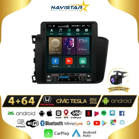 Honda Civic Tesla 4GB + 64GB 2012-2015 Model Kablosuz Carplay Navigasyon Qled Multimedya Sistemi ürün görseli 1