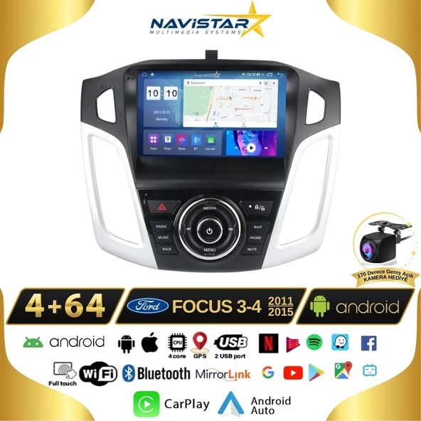 Ford Focus 34 Kablosuz Carplay 4GB + 64GB Android 13 2011-2015 Navigasyon Multimedya Sistemi ürün görseli 1
