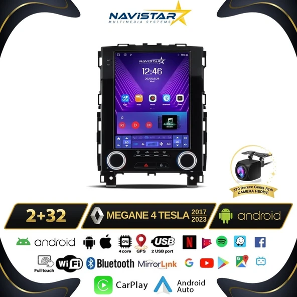 Renault Megane 4 Tesla 2017-2023 Model 2+32GB Android Kablosuz Carplay Navigasyon Multimedya Sistemi ürün görseli 1