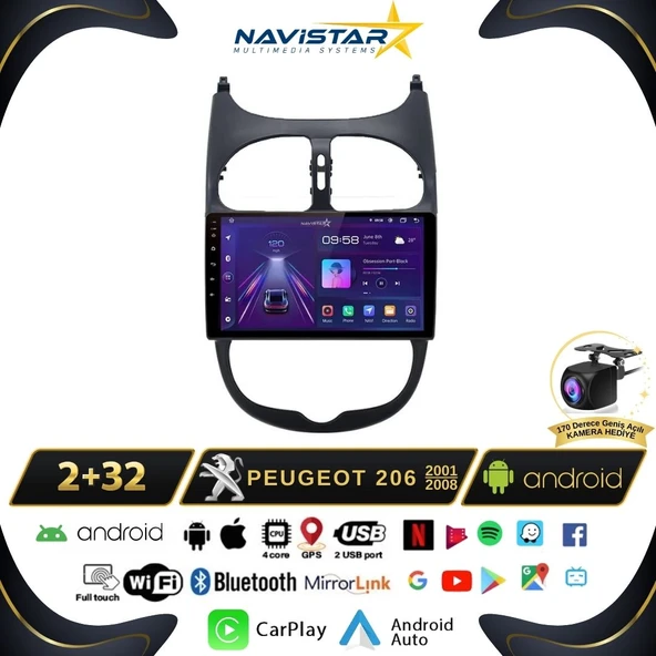 Peugeot 206  2001-2008 Model 2GB + 64GB Android 13 Kablosuz Carplay Navigasyon Multimedya Sistemi ürün görseli 1