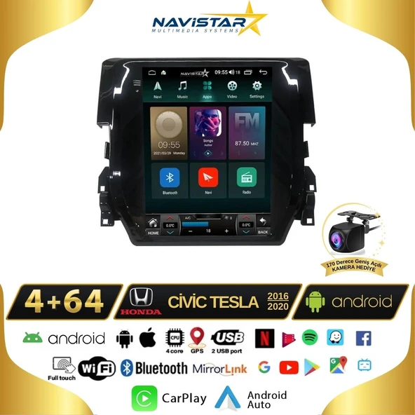 Honda Civic Tesla 4GB + 64GB 2016-2020 Model Kablosuz Carplay Navigasyon Qled Multimedya Sistemi ürün görseli 1