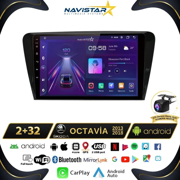 Skoda Octavia 2013-2018 Model 2+64GB Android 13 Kablosuz Carplay Navigasyon Multimedya Sistemi ürün görseli 1