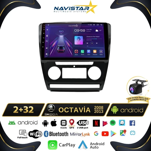 Skoda Octavia 2008-2013 Model 2+64GB Android 13 Kablosuz Carplay Navigasyon Multimedya Sistemi ürün görseli 1