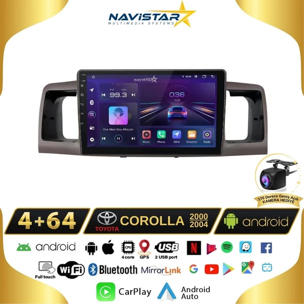 Toyota Corolla 2000-2004 Model 4GB + 64GB Android 13 Kablosuz Carplay Navigasyon Multimedya Sistemi ürün görseli 1