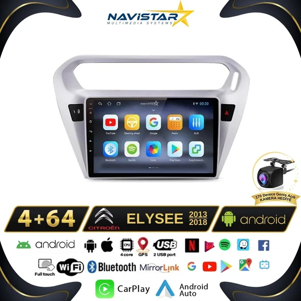 Citroen Elysee 2+64GB Kablosuz Carplay 2013-2018 Android 13 Navigasyon Multimedya Sistemi ürün görseli 1