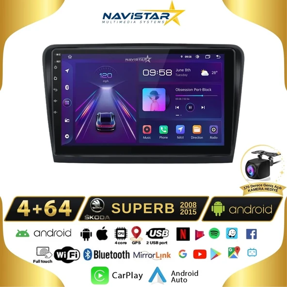 Skoda Superb 4GB + 64GB 2008-2015 Model Android 13 Kablosuz Carplay Navigasyon Multimedya Sistemi ürün görseli 1