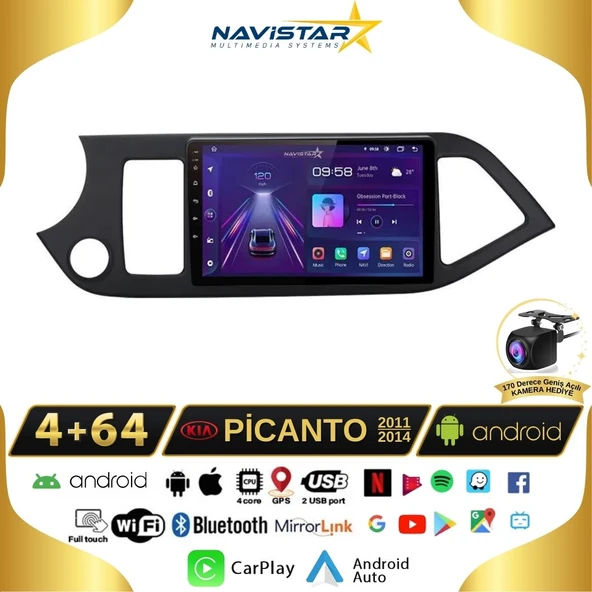 Kia Picanto 2011-2014 Model 4+64GB Android 13 Kablosuz Carplay Navigasyon Multimedya Sistemi ürün görseli 1