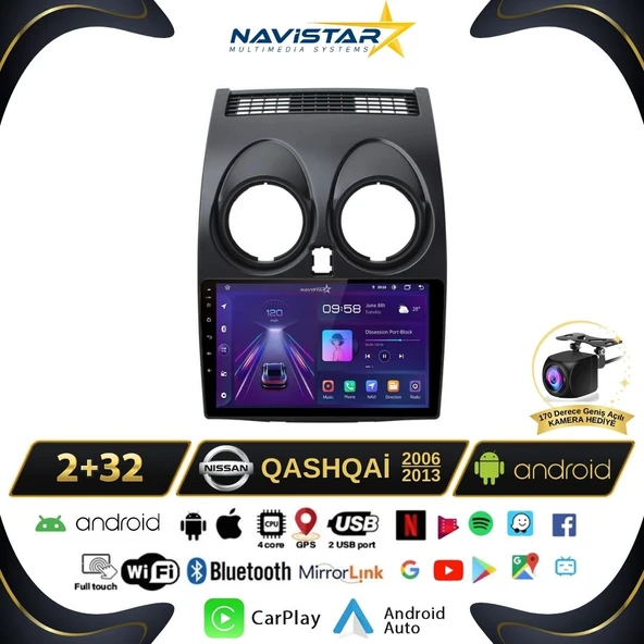 Nissan Qashqai 2+64GB Kablosuz Carplay  Android 13 2006-2013 Navigasyon Multimedya Sistemi ürün görseli 1