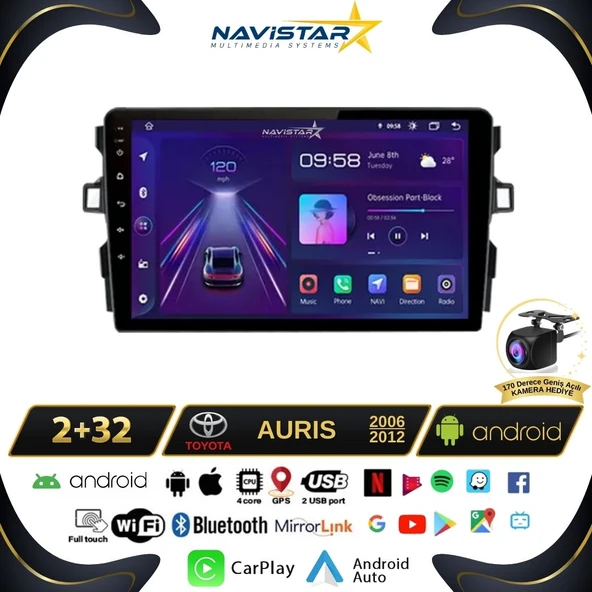 Toyota Auris 2006-2012 Model 2+64GB Android 13 Kablosuz Carplay Navigasyon Multimedya Sistemi ürün görseli 1