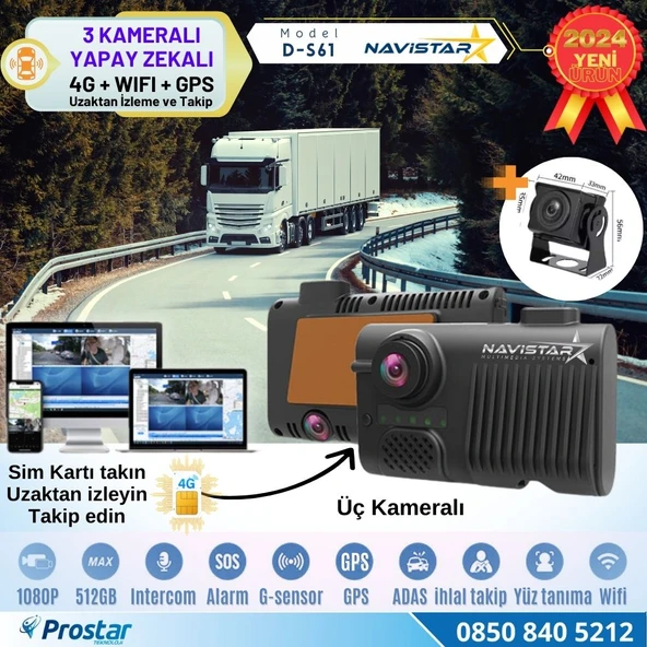 3 Kameralı 4G Uzaktan izlemeli GPS Wifi Yapay Zekalı Akıllı Dashcam Kamyon Tır Kamera Sistemi ürün görseli 1