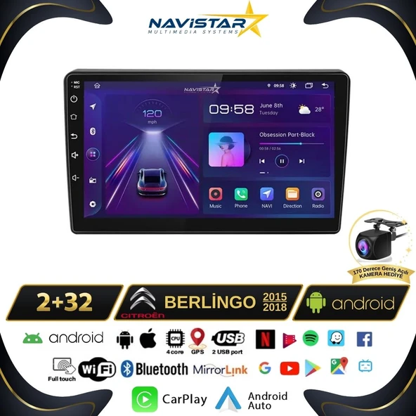 Citroen Berlingo 2015-2018 Model 2GB + 64GB Android 13 Kablosuz Carplay Navigasyon Multimedya Sistemi ürün görseli 1