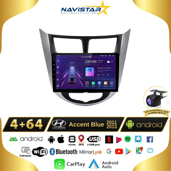 Hyundai  Accent Blue 2011-2013 Model 4GB + 64GB Android 13 Kablosuz Carplay Navigasyon Multimedya Sistemi ürün görseli 1