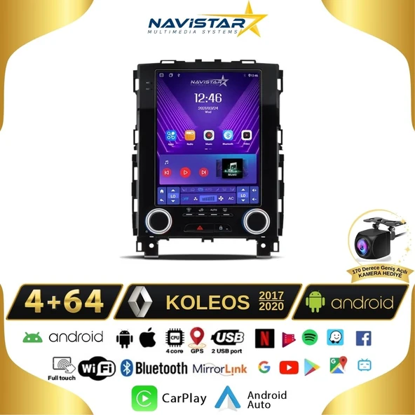 Renault Koleos Tesla 4GB + 64GB 2017-2020 Model Android 13 Qled Kablosuz Carplay Navigasyon Multimedya Sistemi ürün görseli 1