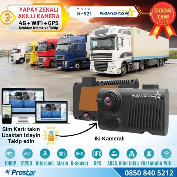 4G Uzaktan izlemeli 2 Kameralı Wifi GPS Yapay Zeka destekli Akıllı Dashcam Kamyon Tır Kamera Sistemi ürün görseli 1