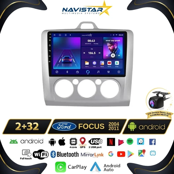 Ford Focus 2 Manuel Klima 2+64GB Kablosuz Carplay Android 13 Navigasyon Multimedya Sistemi ürün görseli 1