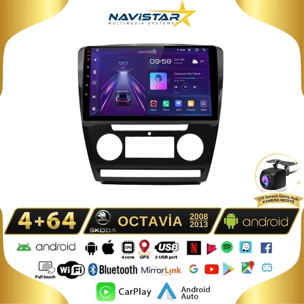 Skoda Octavia 2008-2013 Model 4GB + 64GB Android 13 Kablosuz Carplay Navigasyon Multimedya Sistemi ürün görseli 1
