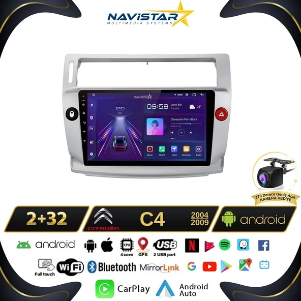 Citroen C4 2004-2009 Model 2GB + 64GB Android 13 Kablosuz Carplay Navigasyon Multimedya Sistemi ürün görseli 1