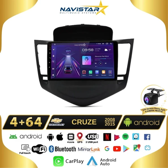 Chevrolet Cruze 4GB + 64GB Kablosuz Carplay 2008-2015 Android 13 Navigasyon Multimedya Sistemi ürün görseli 1