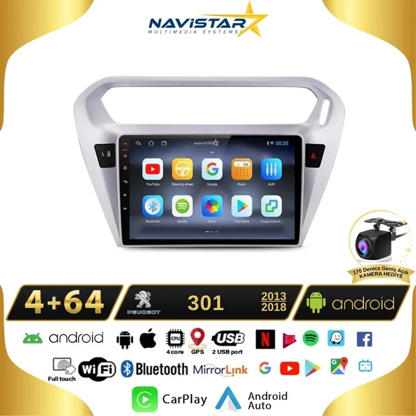 Peugeot 301 4GB + 64GB Kablosuz Carplay 2013-2018 Android 13 Navigasyon Multimedya Sistemi ürün görseli 1