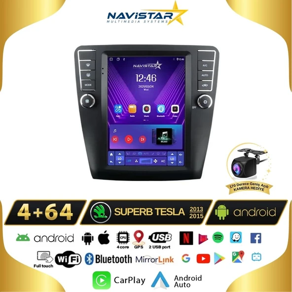 Skoda Superb Tesla 4GB + 64GB 2013-2019 Model  Kablosuz Carplay Navigasyon Qled Multimedya Sistemi ürün görseli 1
