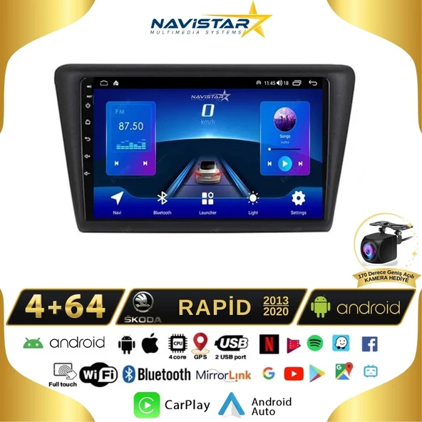 Skoda Rapid 2013-2020 Model 4GB + 64GB Android 13 Kablosuz Carplay Navigasyon Multimedya Sistemi ürün görseli 1