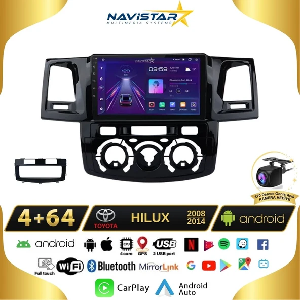 Toyota Hilux 2008-2014 Model 4GB + 64GB Android 13 Kablosuz Carplay Navigasyon Multimedya Sistemi ürün görseli 1