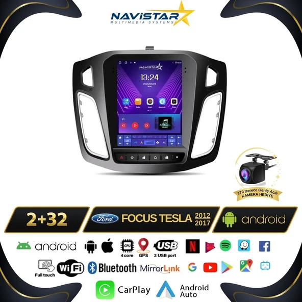 Ford Focus Tesla 4GB + 64GB 2012-2018 Model Kablosuz Carplay Navigasyon Qled Multimedya Sistemi ürün görseli 1