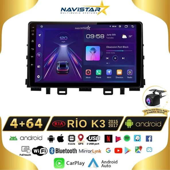Kia Rio K3 2015-2017 Model 4+64 GB Android 13 Kablosuz Carplay Navigasyon Multimedya Sistemi ürün görseli 1
