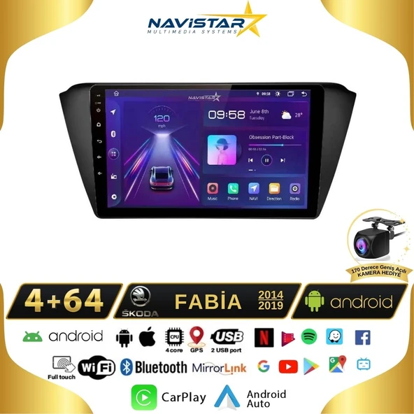 Skoda Fabia 2014-2019 Model 4+64 GB Android 13 Kablosuz Carplay Navigasyon Multimedya Sistemi ürün görseli 1