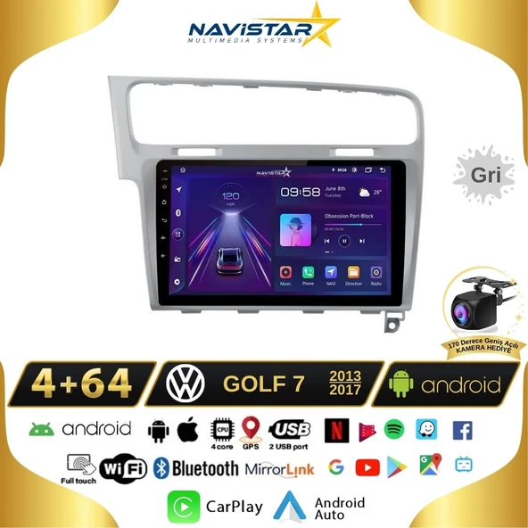 Vw Golf 7 Gri Çerçeve 4GB + 64GB Kablosuz Carplay Android 13 Navigasyon Multimedya Sistemi ürün görseli 1