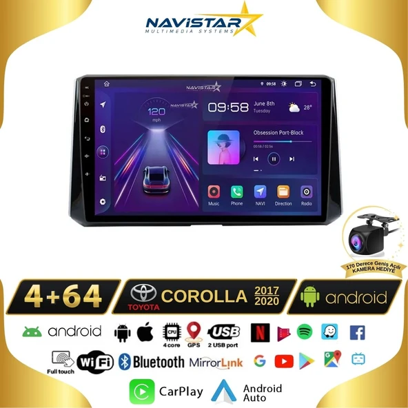 Toyota Corolla 2017-2020 Model 4GB + 64GB Android 13 Kablosuz Carplay Navigasyon Multimedya Sistemi ürün görseli 1