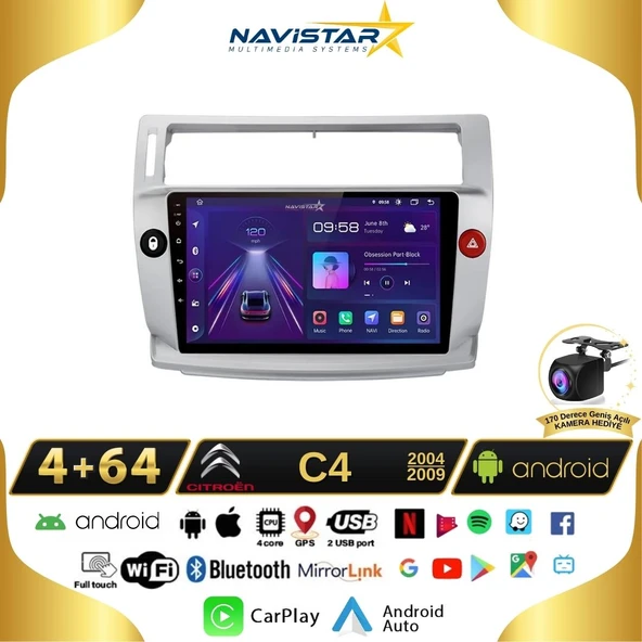 Citroen C4 2004-2009 Model 4GB + 64GB Android 13 Kablosuz Carplay Navigasyon Multimedya Sistemi ürün görseli 1