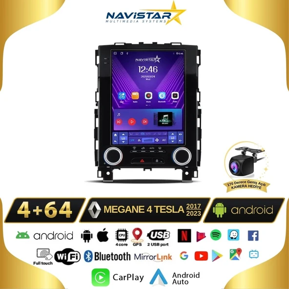 Renault Megane 4 Tesla 4GB + 64GB 2017-2023 Model Android Qled Kablosuz Carplay Navigasyon Multimedya Sistemi ürün görseli 1