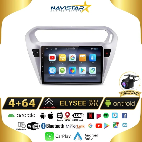 Citroen Elysee 4GB + 64GB Kablosuz Carplay 2013-2018 Android 13 Navigasyon Multimedya Sistemi ürün görseli 1