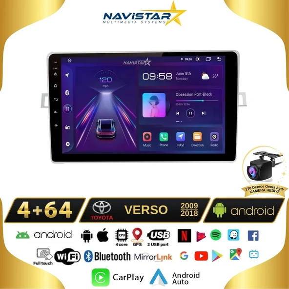 Toyota Verso 2009-2018 Model 4GB + 64GB Android 13 Kablosuz Carplay Navigasyon Multimedya Sistemi ürün görseli 1