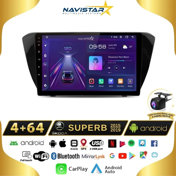 Skoda Superb 2015-2019 Model 4GB + 64GB Android 13 Kablosuz Carplay Navigasyon Multimedya Sistemi ürün görseli 1