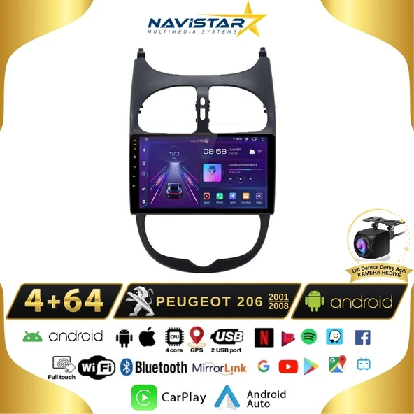 Peugeot 206  2001-2008 Model 4GB + 64GB Android 13 Kablosuz Carplay Navigasyon Multimedya Sistemi ürün görseli 1