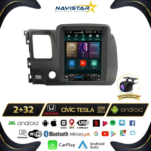 Honda Civic 2005-2012 Tesla Model 2GB + 32GB Kablosuz Carplay Navigasyon Multimedya Sistemi ürün görseli 1
