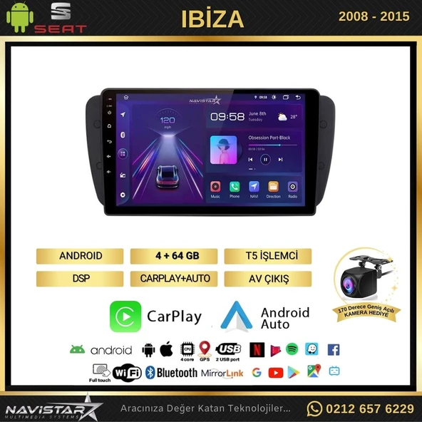 Seat Ibiza 4GB + 64GB 2008-2015 Model Android 13 Kablosuz Carplay Navigasyon Multimedya Sistemi ürün görseli 1