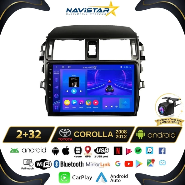 Toyota Corolla 2008-2012 Model 2+64GB Android 13 Kablosuz Carplay Navigasyon Multimedya Sistemi ürün görseli 1