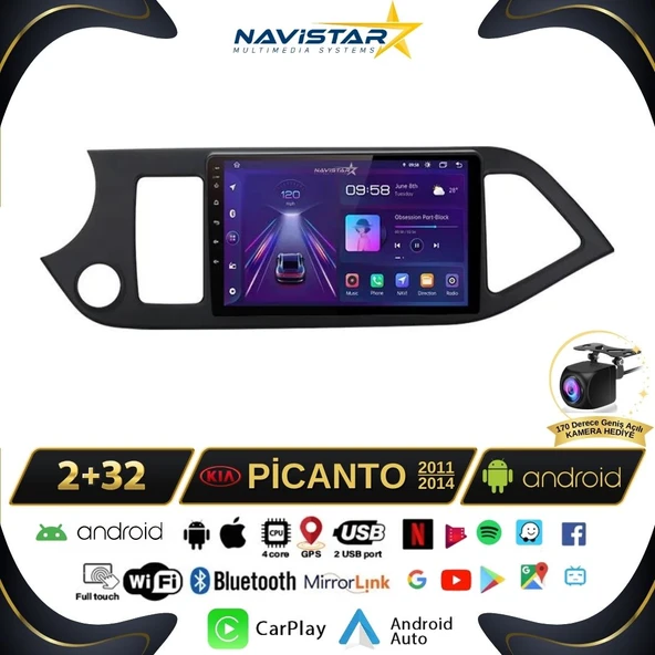 Kia Picanto 2011-2014 Model 2+64GB Android 13 Kablosuz Carplay Navigasyon Multimedya Sistemi ürün görseli 1