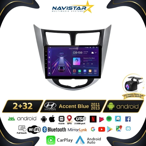 Hyundai  Accent Blue 2011-2013 Model 2+64GB Android 13 Kablosuz Carplay Navigasyon Multimedya Sistemi ürün görseli 1