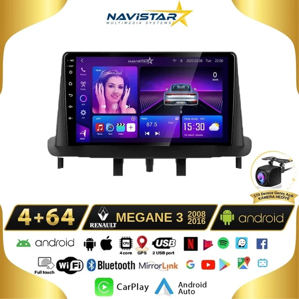 Megane 3 Kablosuz Carplay 4+64 GB Android 13 Navigasyon Multimedya Sistemi ürün görseli 1