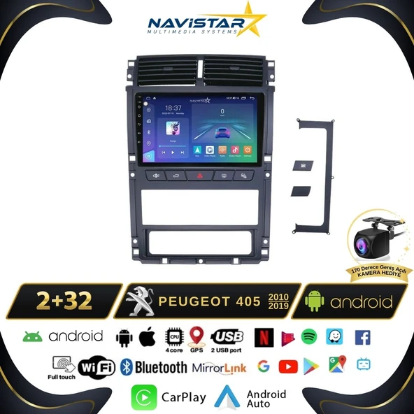Peugeot 405  2010-2019 Model 2GB + 64GB Android 13 Kablosuz Carplay Navigasyon Multimedya Sistemi ürün görseli 1