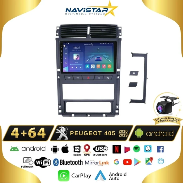 Peugeot 405  2010-2019 Model 4GB + 64GB Android 13 Kablosuz Carplay Navigasyon Multimedya Sistemi ürün görseli 1
