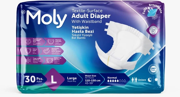 Moly Tekstil Yüzeyli Large Büyük Boy Belbantlı Hasta Bezi 30 lu paket ürün görseli 1