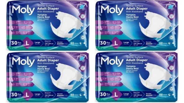 Moly Tekstil Yüzeyli Large Büyük Boy Belbantlı Hasta Bezi 30 lu 4 paket / 120 adet ürün görseli 1