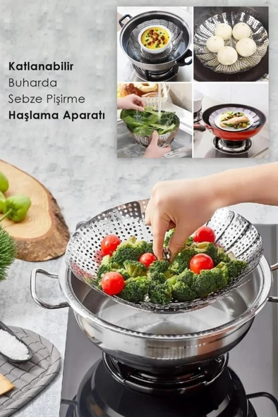 Buharda Sebze Pişirme Sepeti Paslanmaz Çelik Tencere İçi Buharlı Haşlama Katlanır Pişirici Sepet ürün görseli 1