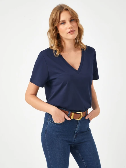 Faik Sönmez Minimalist V Yaka Kısa Kol Kadın T-Shirt - Günlük Şıklık ürün görseli 1